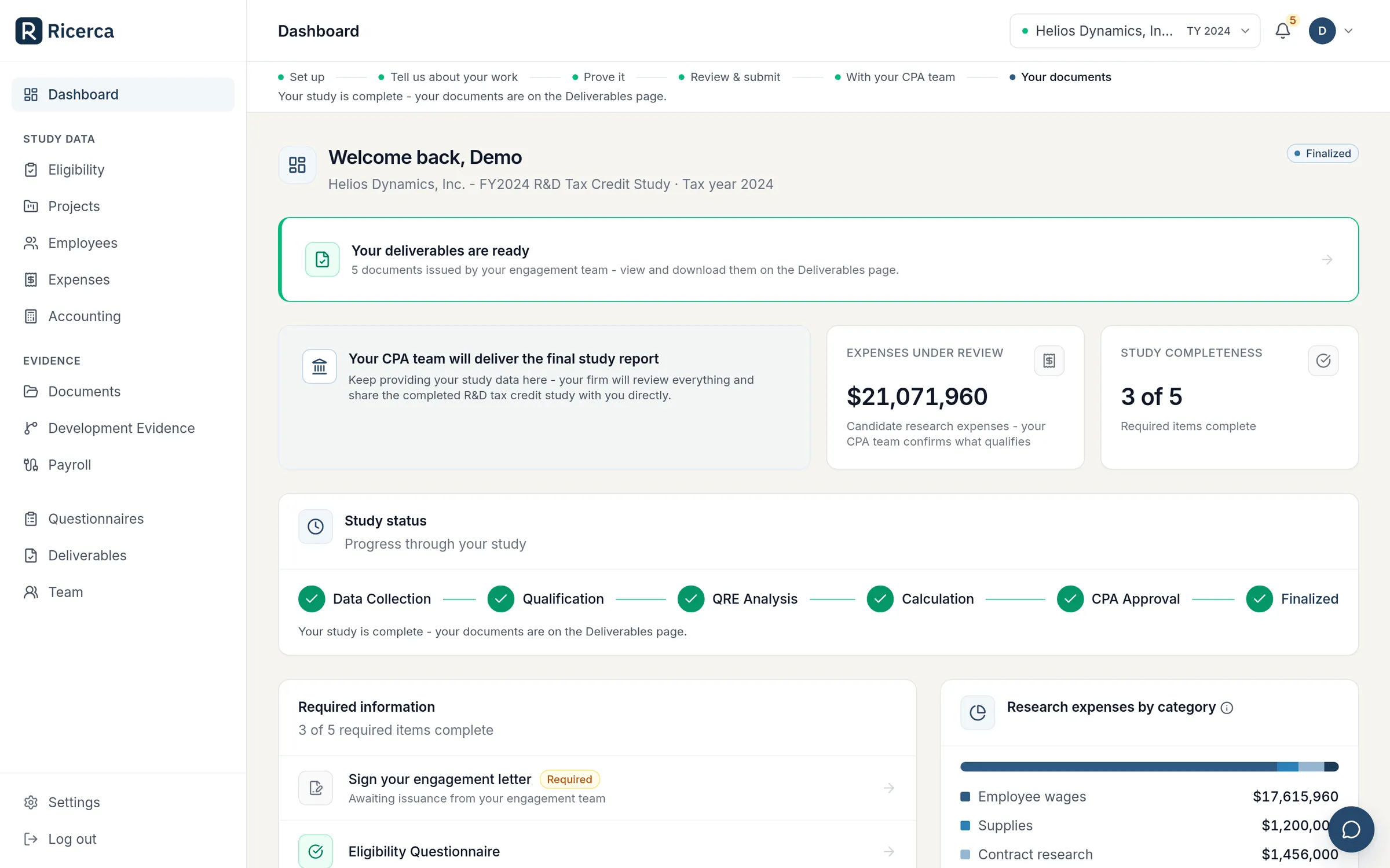 A client's dashboard on a finalized study: a progress strip with a With your CPA team stage, a notice that deliverables issued by the engagement team are ready, and a card saying the CPA team will deliver the final study report.