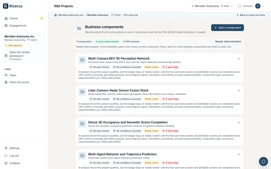 Two business components in the firm portal, each showing what the AI concluded, a "needs review" badge, and the count of open flags a reviewer has to clear.