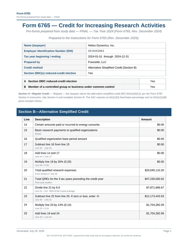 Page one of a generated pro-forma Form 6765: the taxpayer block, the Section 280C election, and the Section B alternative simplified credit computed line by line.