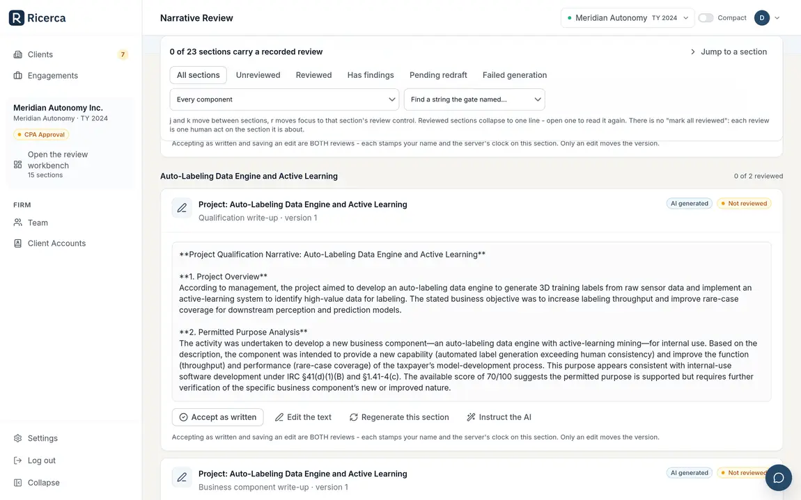 An AI-drafted qualification write-up with the four review controls beneath it: accept as written, edit the text, regenerate this section, instruct the AI.