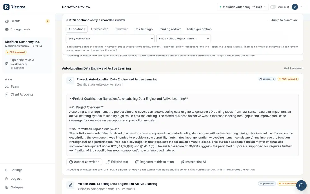 An AI-drafted qualification write-up with the four review controls beneath it: accept as written, edit the text, regenerate this section, instruct the AI.