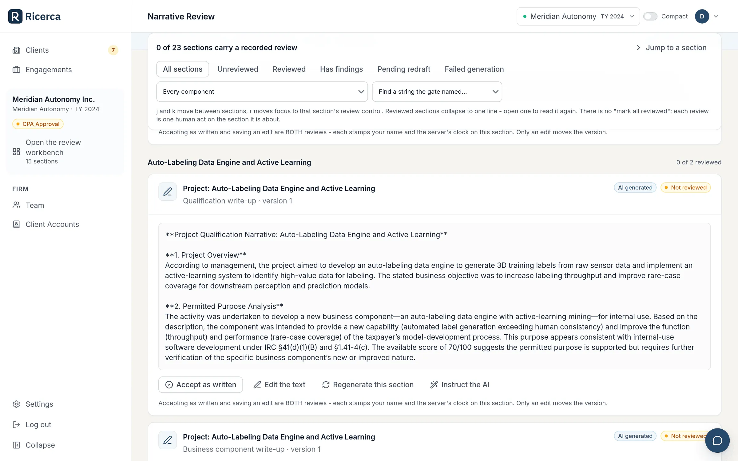 An AI-drafted qualification write-up marked not reviewed, with the actions accept as written, edit the text, regenerate this section and instruct the AI.