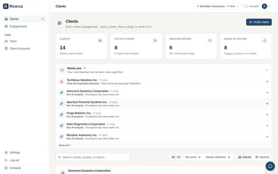 An engagement board showing every client study, with a ranked list of the next actions across all of them above it.