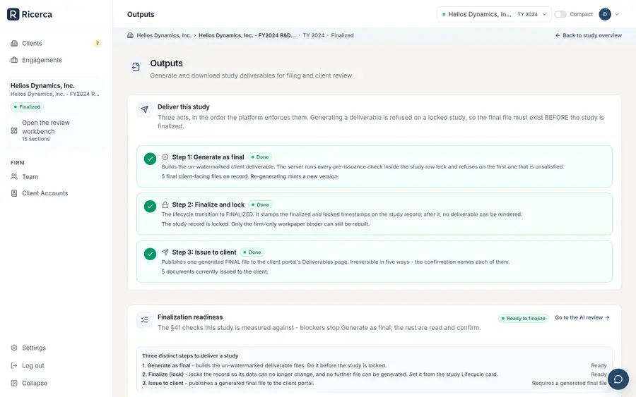 The three delivery steps on a finalized study: generate as final, finalize and lock, issue to the client - each marked done.