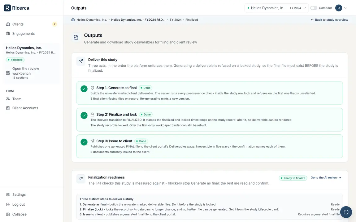 The three delivery steps on a finalized study: generate as final, finalize and lock, issue to the client - each marked done.