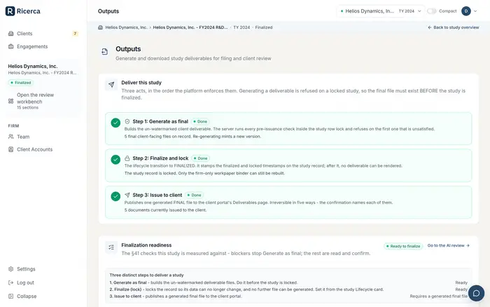 The three delivery steps on a finalized study: generate as final, finalize and lock, issue to the client.