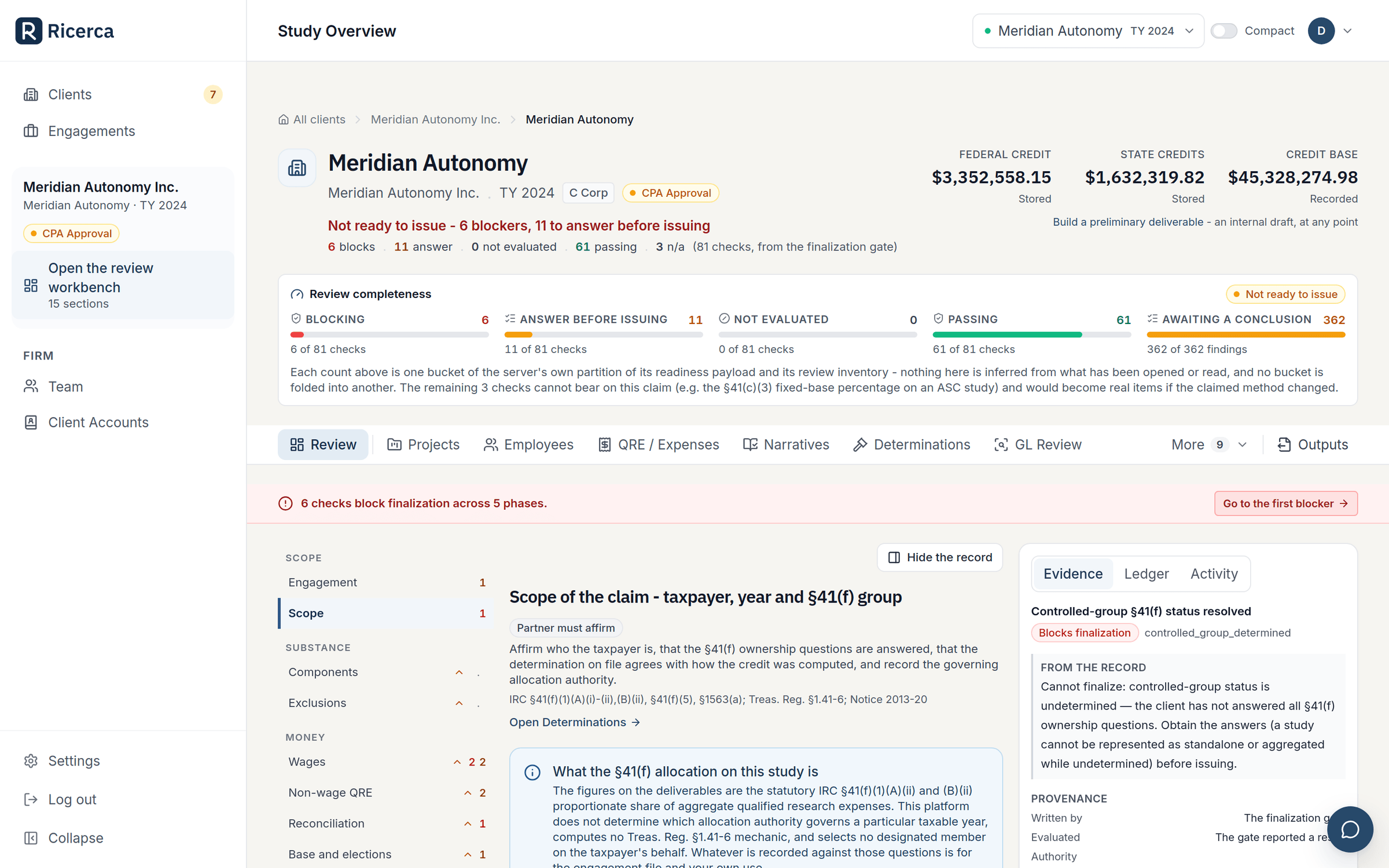 The three-pane study review workbench: headline federal and state credit figures, the readiness partition across 81 checks, the phase rail, and the evidence rail holding the record behind a blocking check.